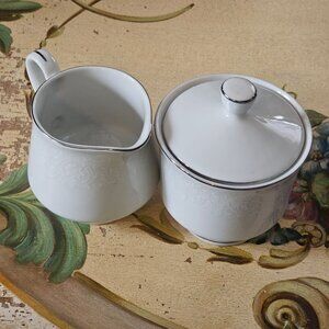 Crown Victoria Lovelace Fine China Creamer Sugar Bowl Set Silver Trim Elegant
